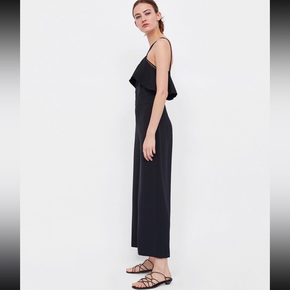 Zara Black Lace Trim Wide Leg Crop Jumpsuit - Picture 3 of 16